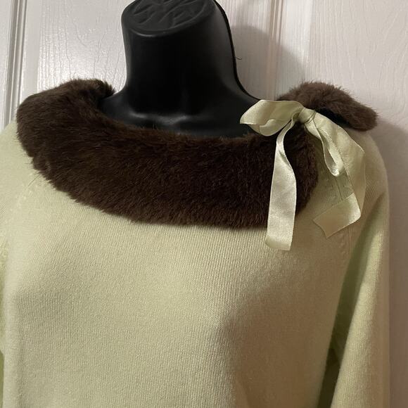 Vintage Y2K Evan Picone Sweater Women Medium Green Removable Faux Fur Collar Top - Picture 3 of 11
